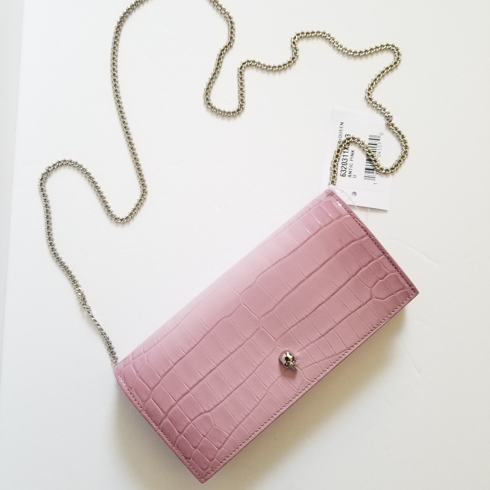 Alexander McQueen Croc-Embossed Leather Wallet-On-Chain Antic Pink - Picture 2 of 13